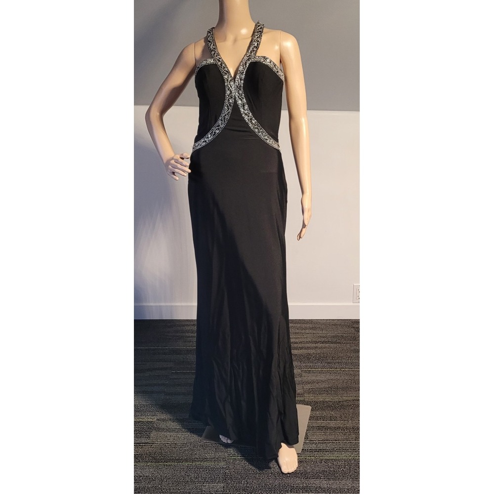 Ladies Black Elegant Dress With Side Zipper , Silver Beading Accents Size Small‎